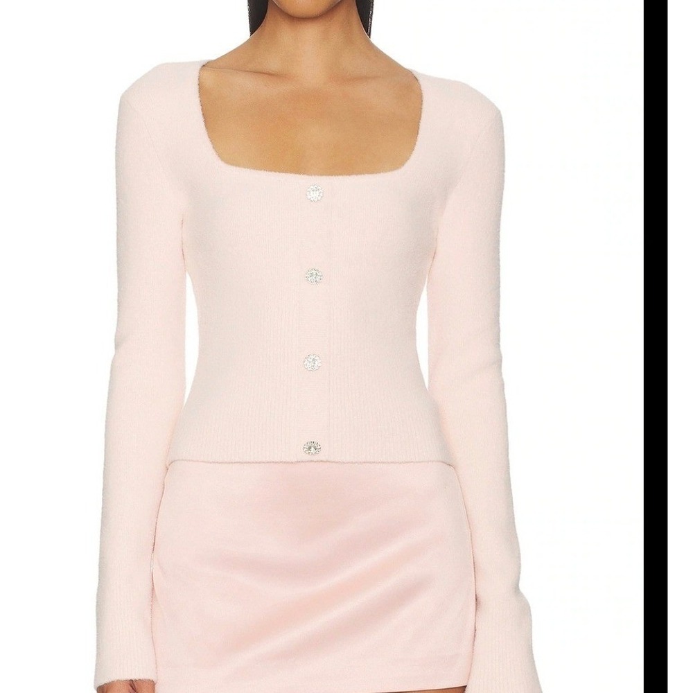 Majorelle Malika Sweater Blush Pink Square Neck Rhinestone Button Revolve XS